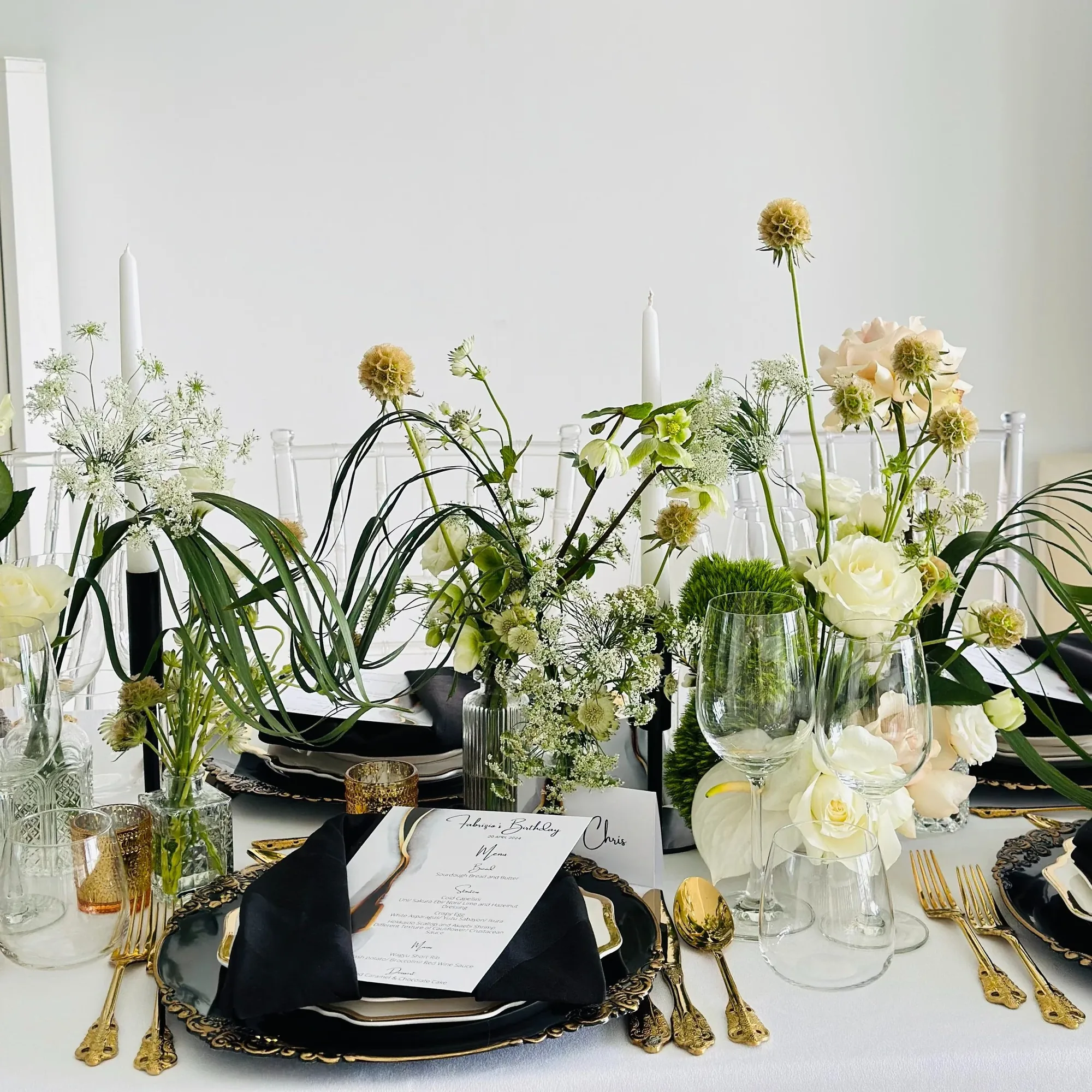 White and green botanical tablescape